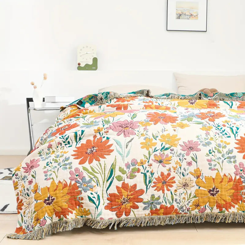 Blooming Floral Cotton Blanket – Lightweight Breathable Wildflower Throw