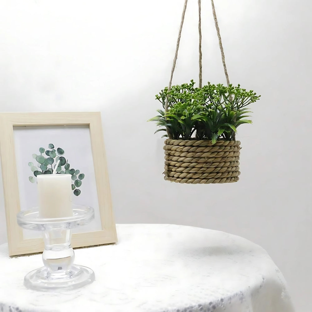 Leafara Hanging Artificial Plant In Woven Basket Pot — material texture close-up
