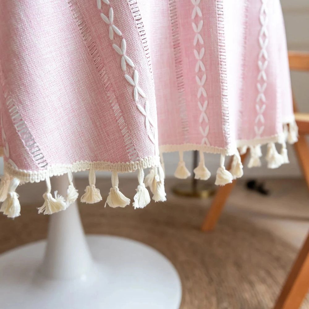 Leafline Embroidered Round Tablecloth — product detail view