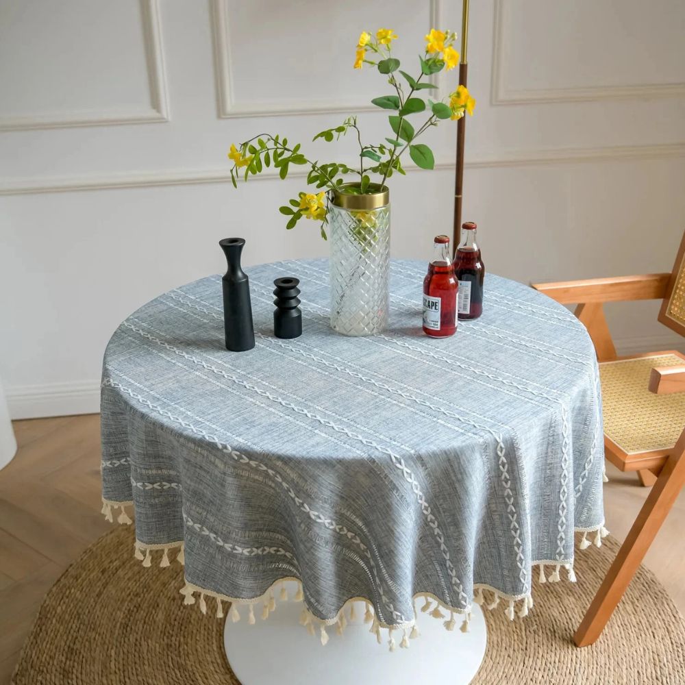 Leafline Embroidered Round Tablecloth — product in use