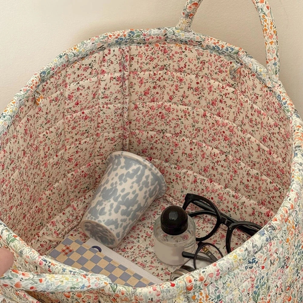 Miscellaneous Floral Quilted Storage Basket — size and scale reference