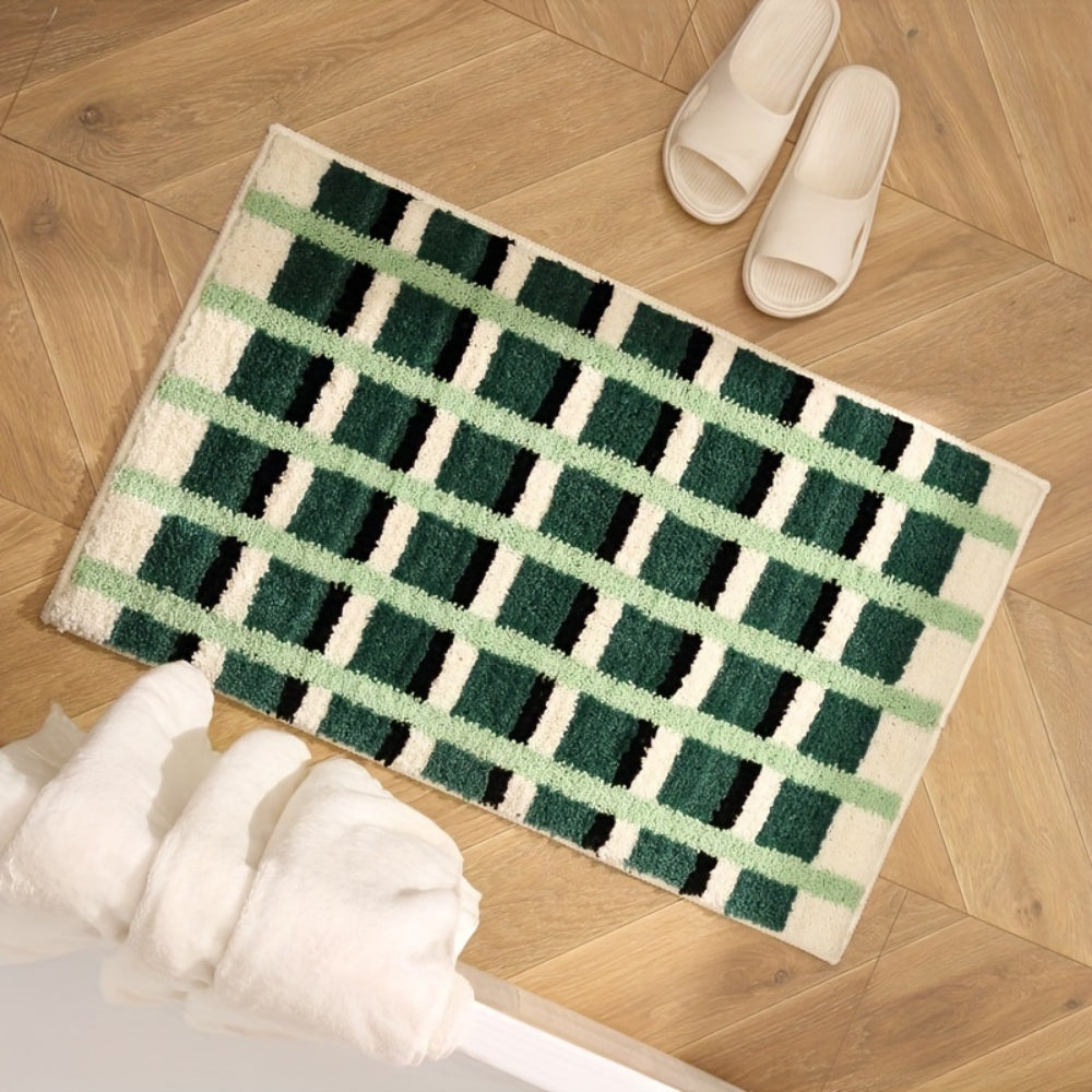 Moss Green Geometric Flock Bath Mat — product close-up