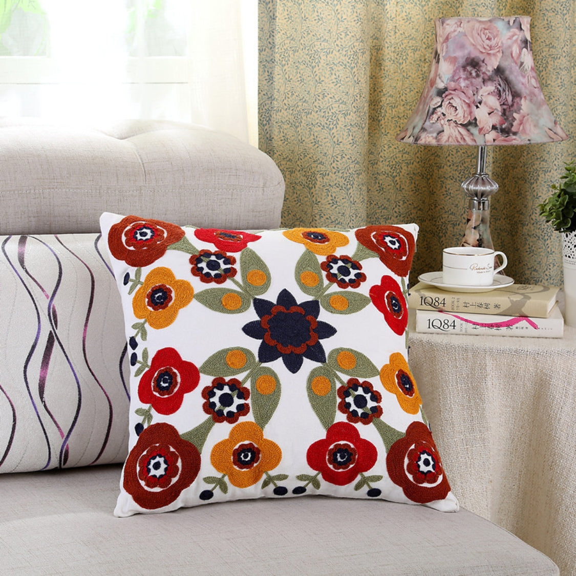 Fleur Classic Embroidery Square Sofa Cushion Cover — product in use