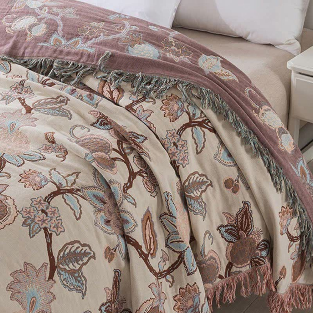 Orchid Trail Floral Cotton Tassel Bed Blanket — product in use
