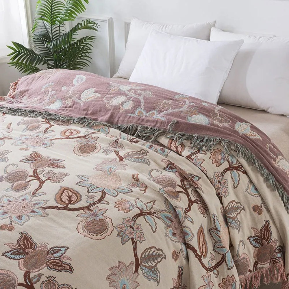 Orchid Trail Floral Cotton Tassel Bed Blanket — product detail view