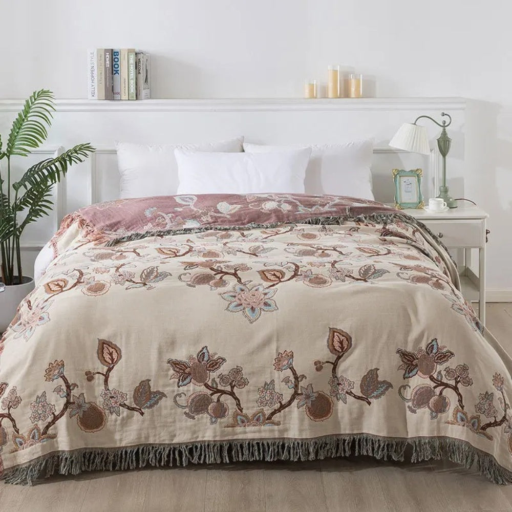 Orchid Trail Floral Cotton Tassel Bed Blanket — main product photo