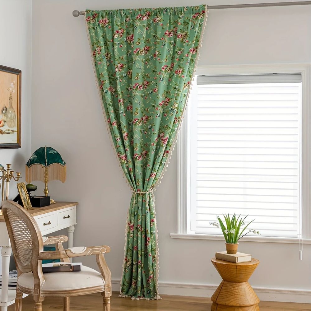 Pastoral Green Rose Tassel Curtain — main product photo