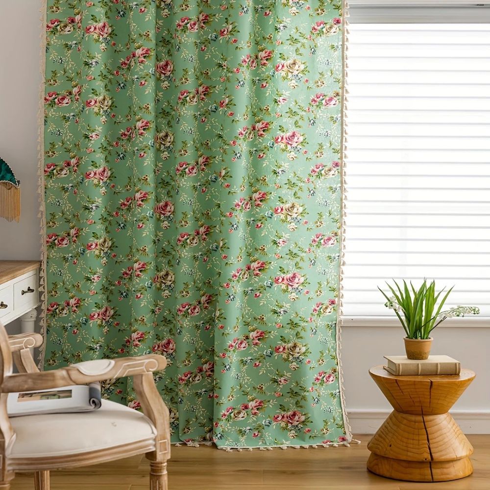 Pastoral Green Rose Tassel Curtain — lifestyle shot