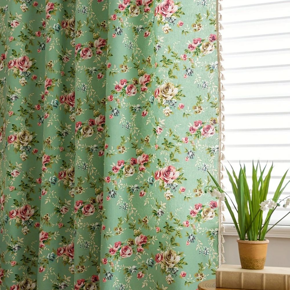 Pastoral Green Rose Tassel Curtain — alternate angle view