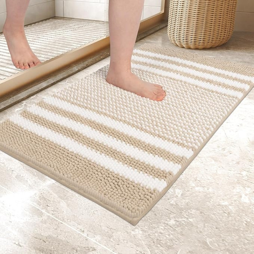 Pebble-Knit Striped Chenille Bath Mat — product detail view