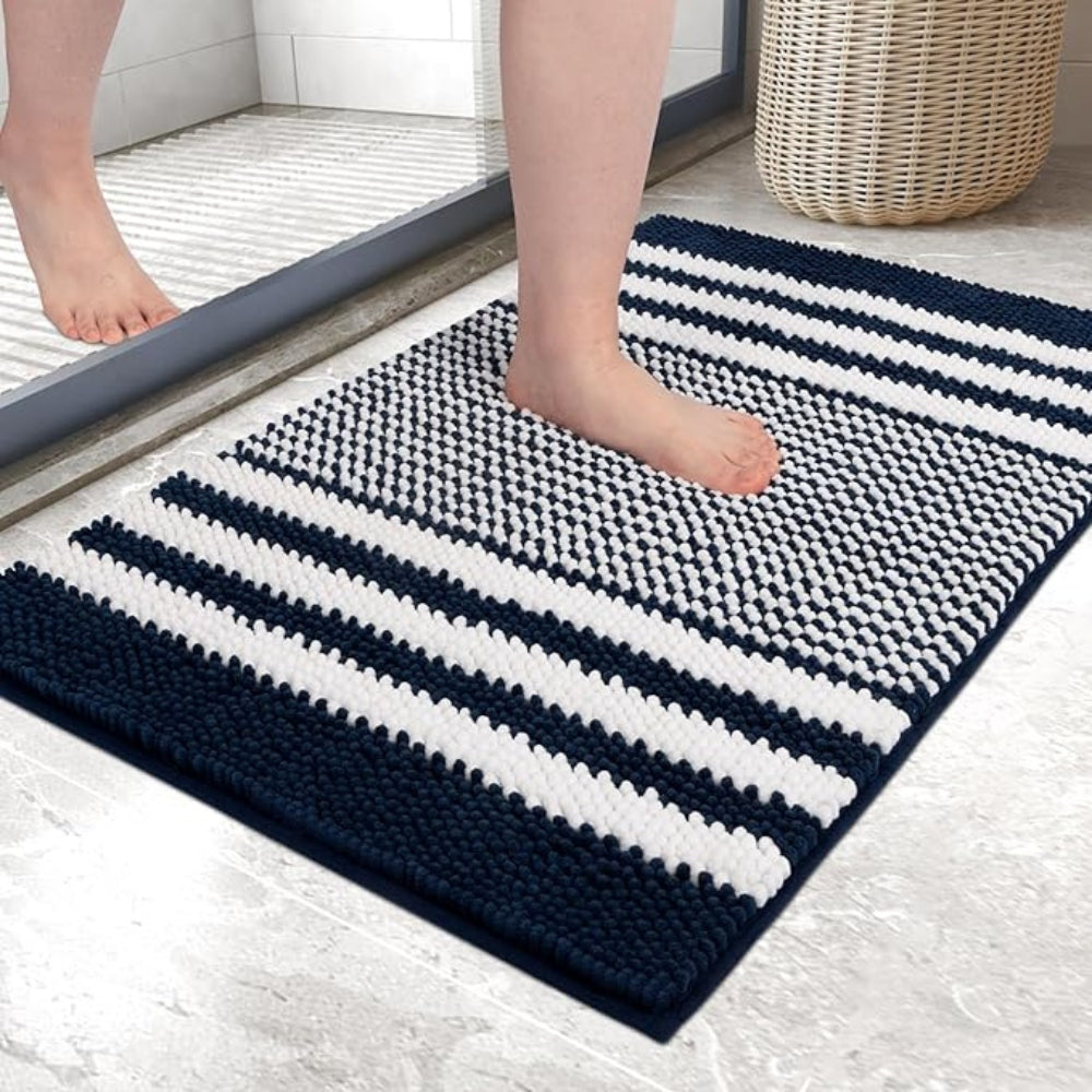 Pebble-Knit Striped Chenille Bath Mat — product close-up