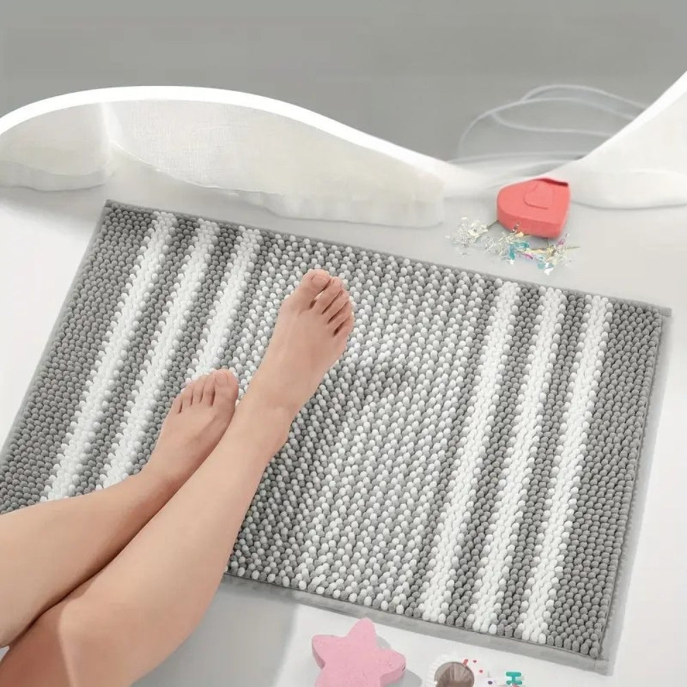 Pebble-Knit Striped Chenille Bath Mat — product in use