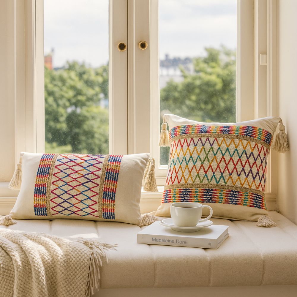 Rainbow Lattice Tassel Cushion Cover — lifestyle shot