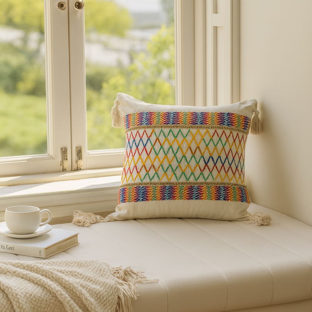 Rainbow Lattice Tassel Cushion Cover — size and scale reference