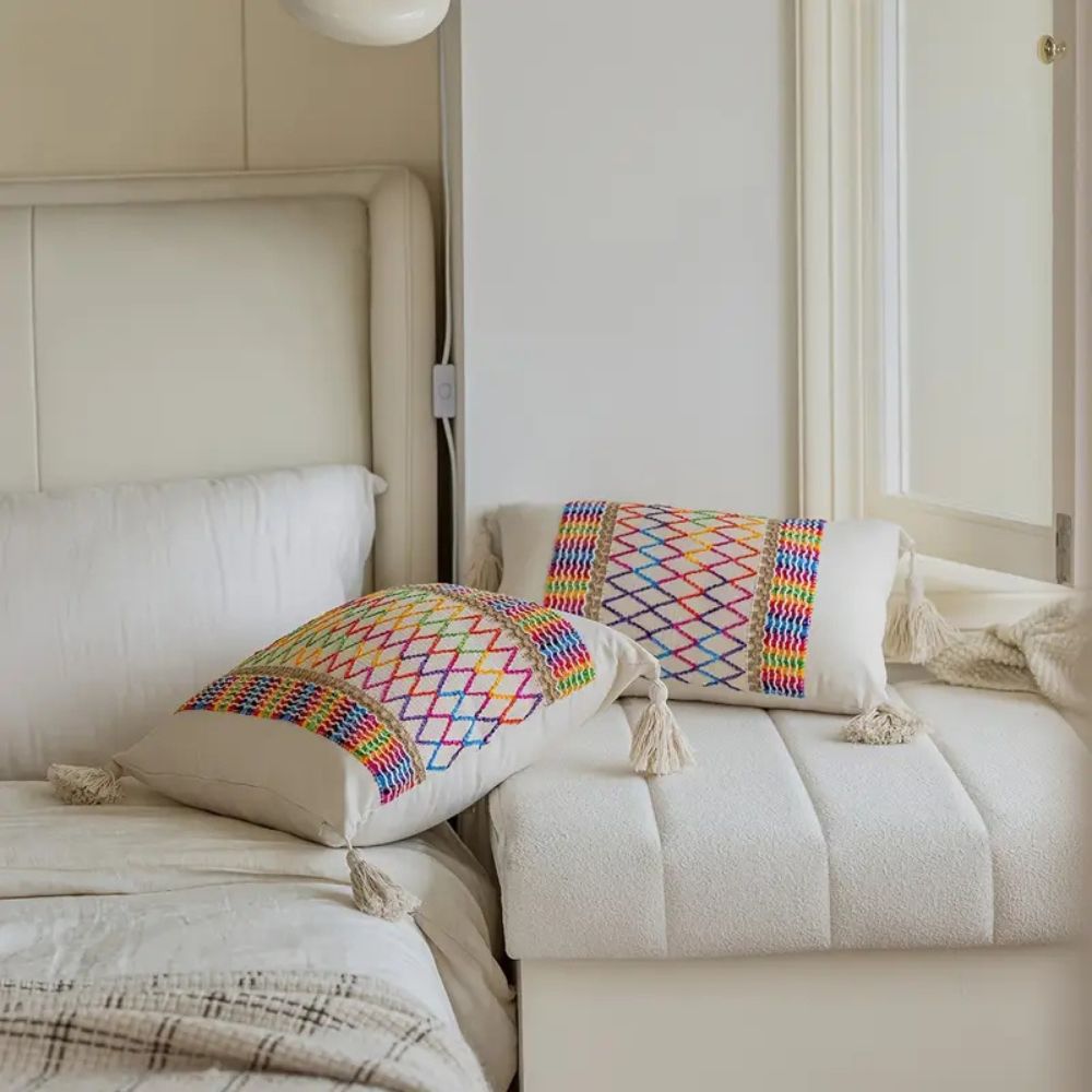 Rainbow Lattice Tassel Cushion Cover — alternate angle view