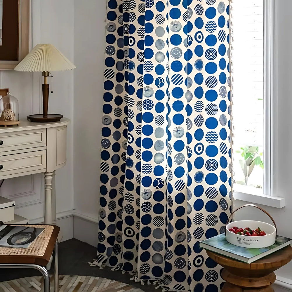 Retro Blue Polka Dots Patterned Window Curtain — additional view
