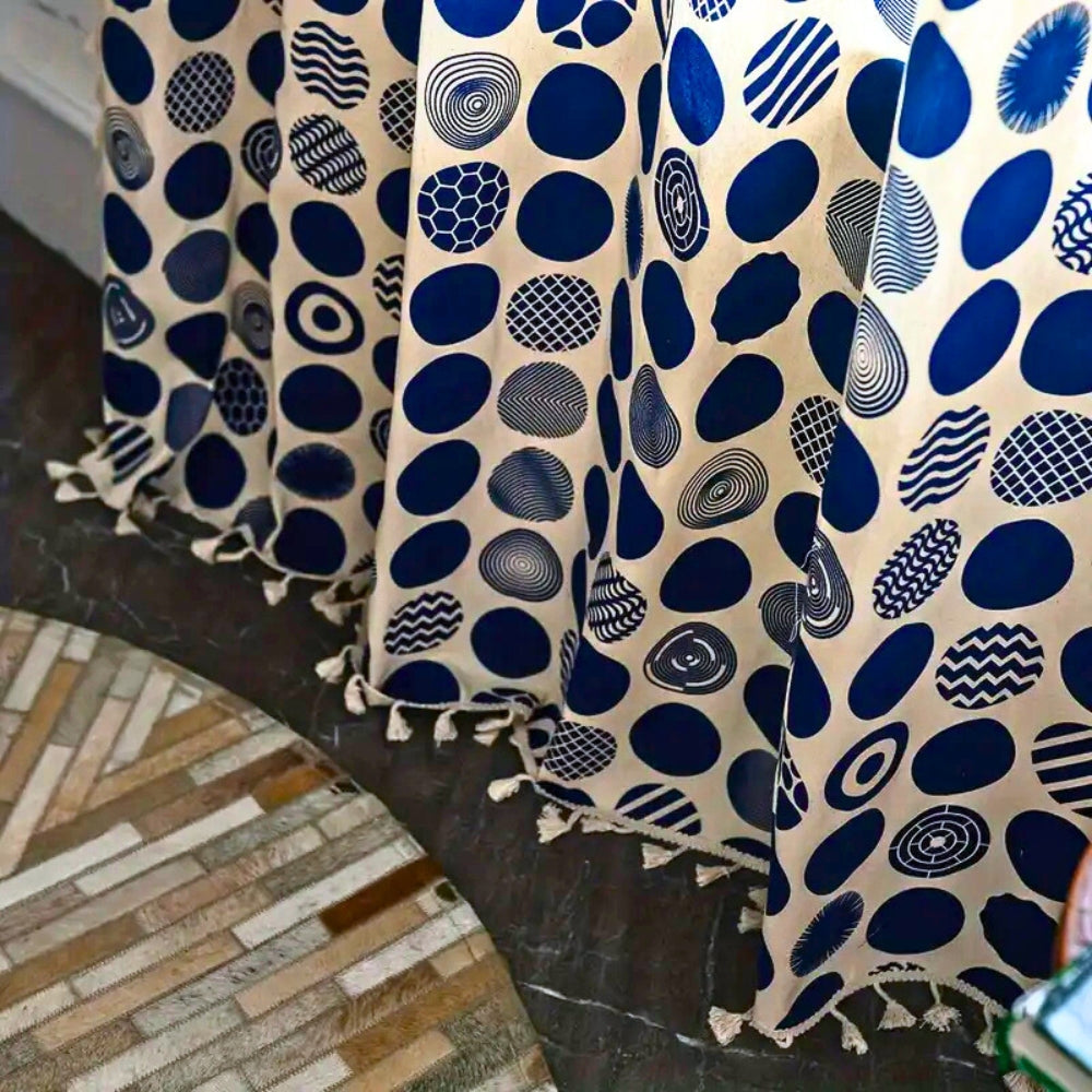 Retro Blue Polka Dots Patterned Window Curtain — alternate angle view