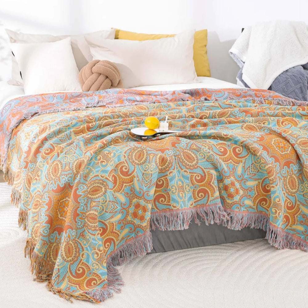 Reversible Paisley Bohemian Cotton Blanket — product detail view