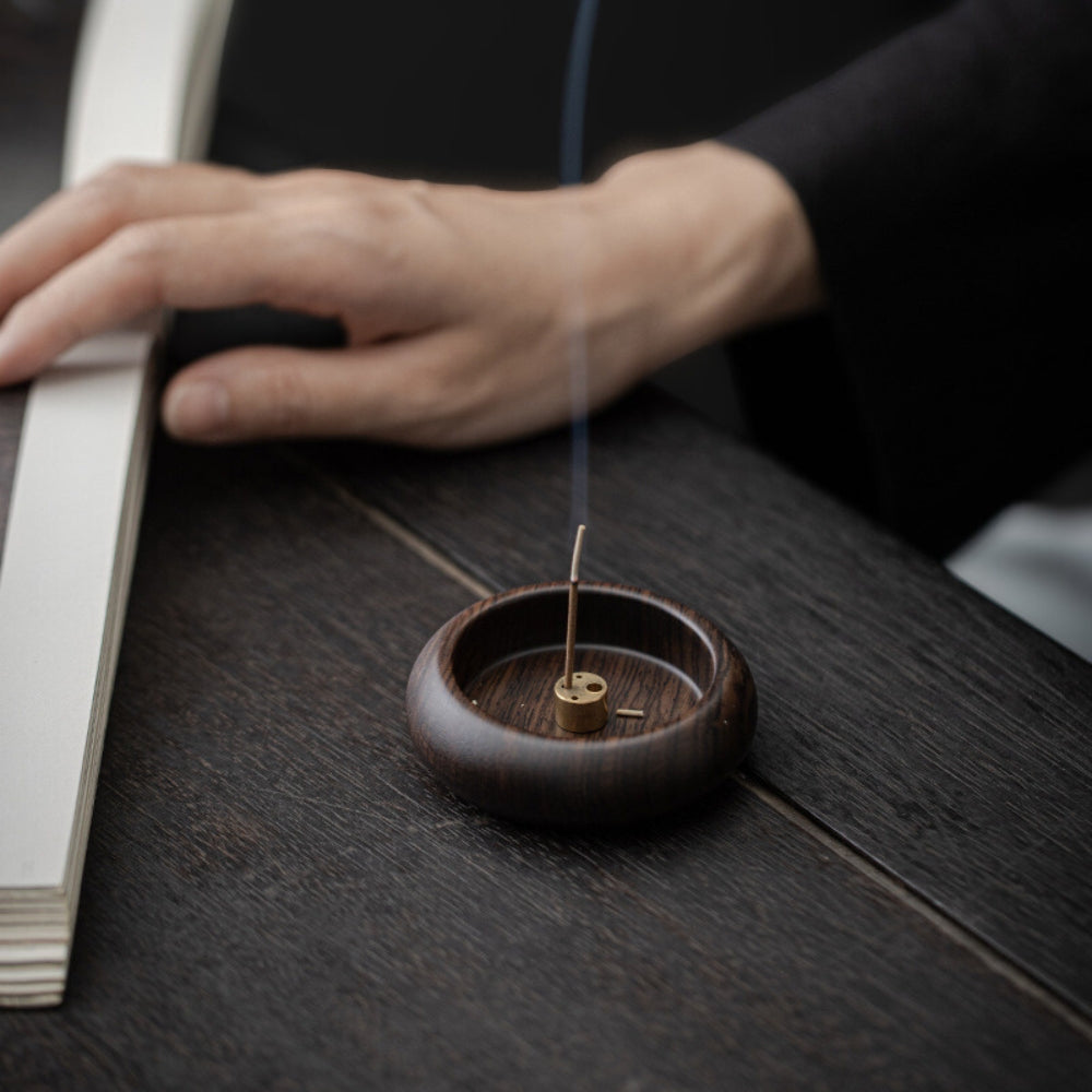 Round Solid Wood Incense Stick Holder — product detail view