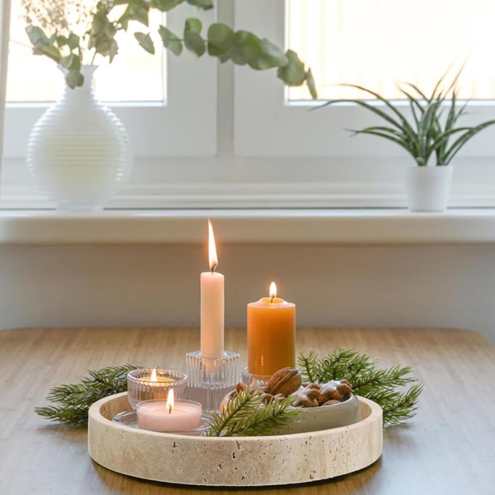 Round Travertine Stone Tray — product in use