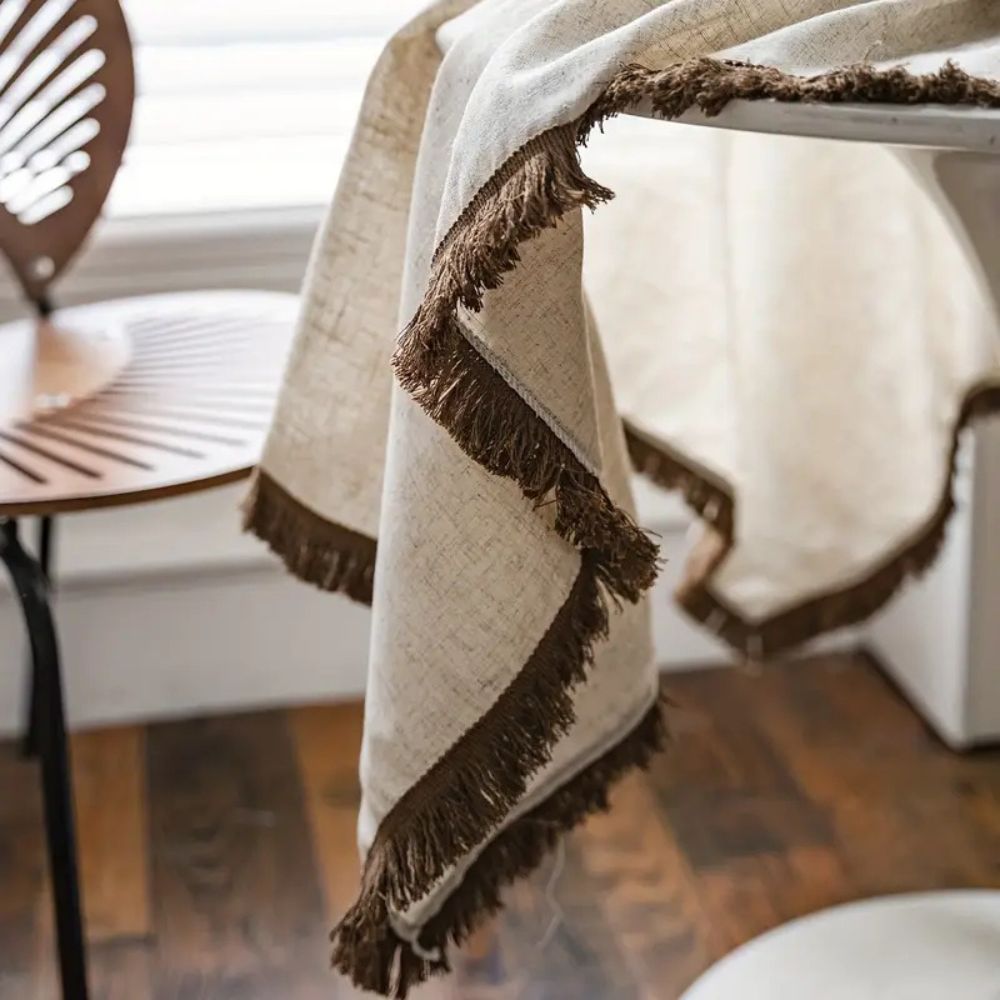 Rustic Charm Tassel Tablecloth — product in use