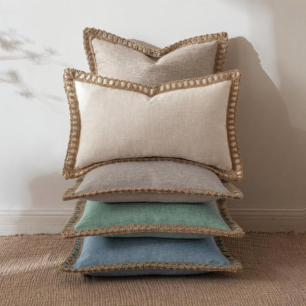 Rustic Linen Trim Decorative Cushion Cover — product close-up
