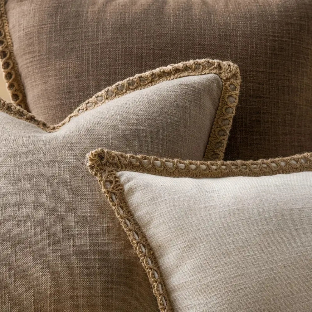 Rustic Linen Trim Decorative Cushion Cover — product in use
