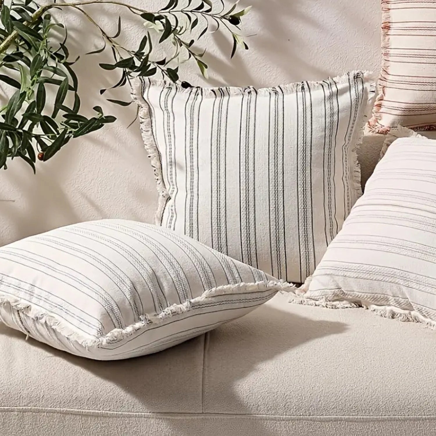 Scandi Stripe Textured Fringe Cushion Cover — product detail view