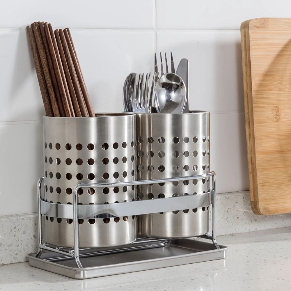 Stainless Steel Utensil Holder with Hole — product in use