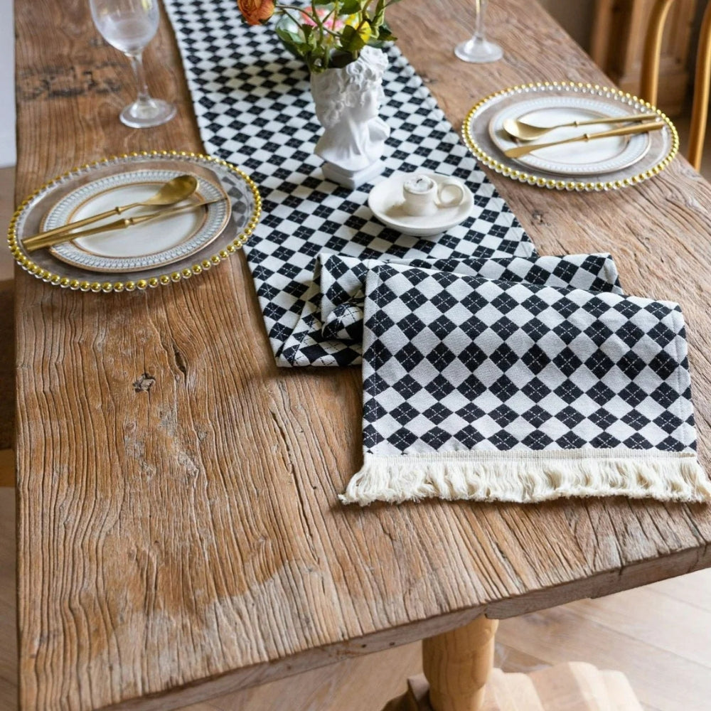 Tasseled Diamond Checkered Table Runner — material texture close-up