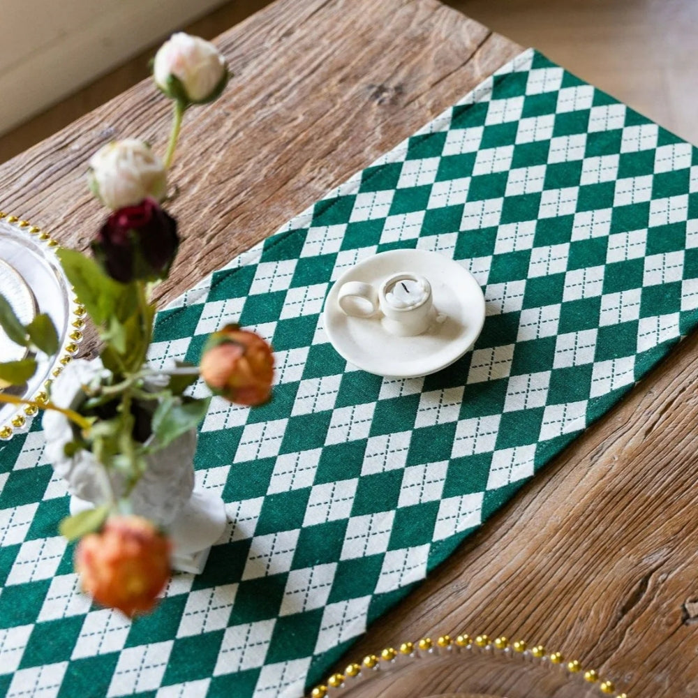 Tasseled Diamond Checkered Table Runner — size and scale reference