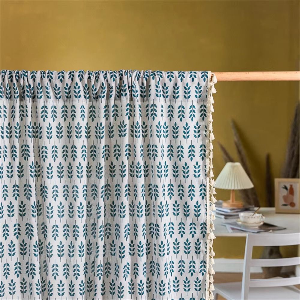 Teal Blue Leaves Semi Sheer Curtains — alternate angle view
