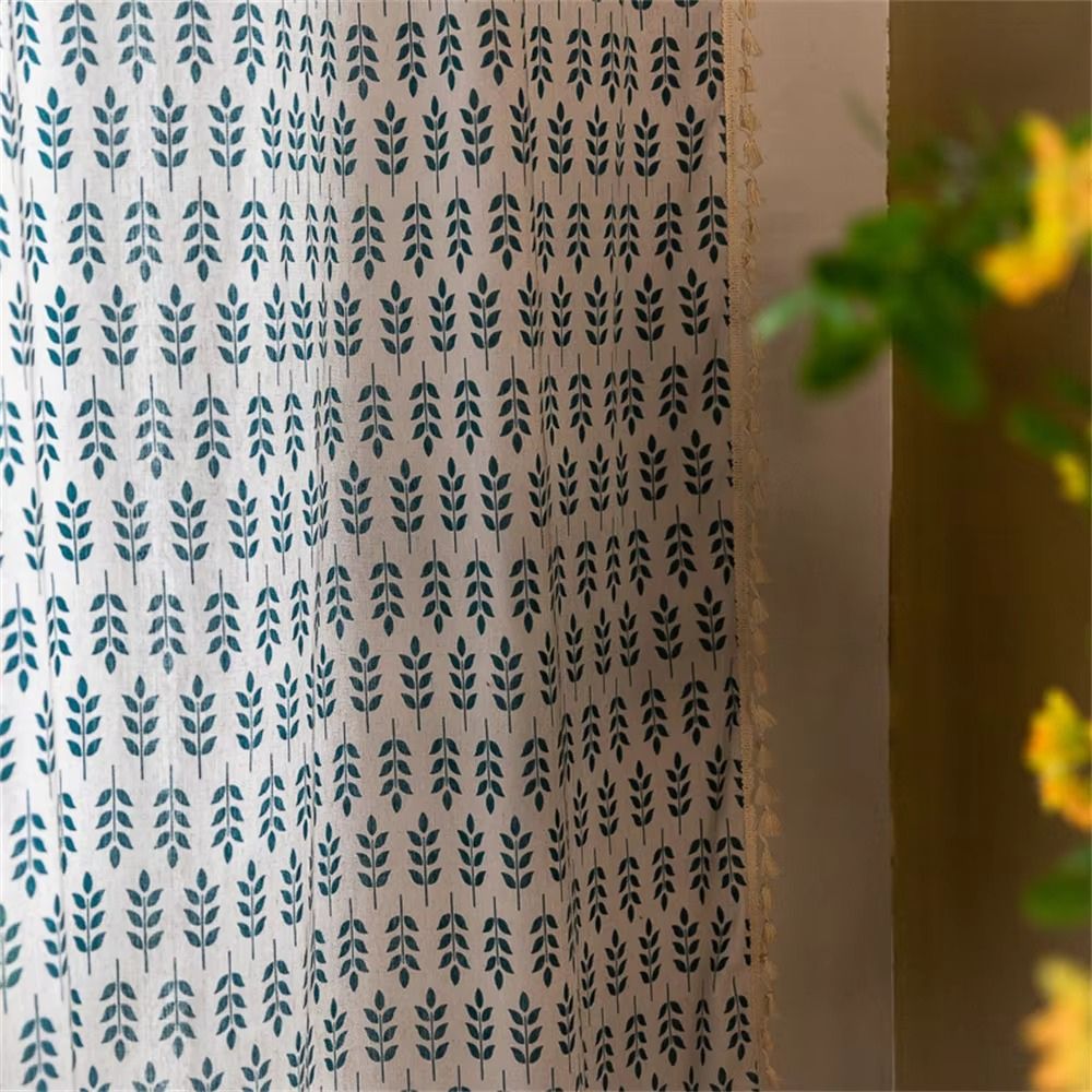 Teal Blue Leaves Semi Sheer Curtains — lifestyle shot