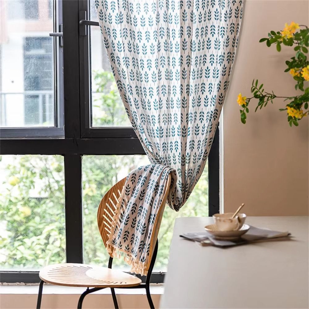 Teal Blue Leaves Semi Sheer Curtains — product detail view