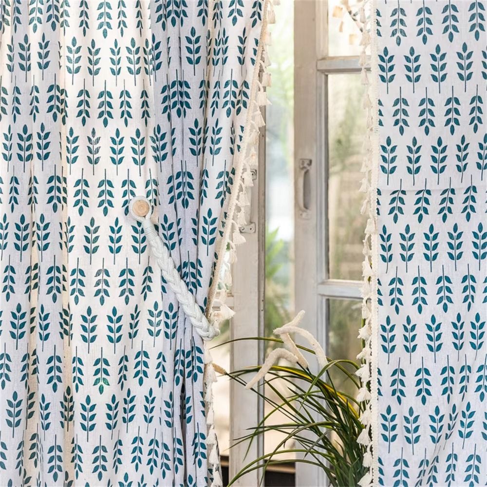 Teal Blue Leaves Semi Sheer Curtains — product feature detail