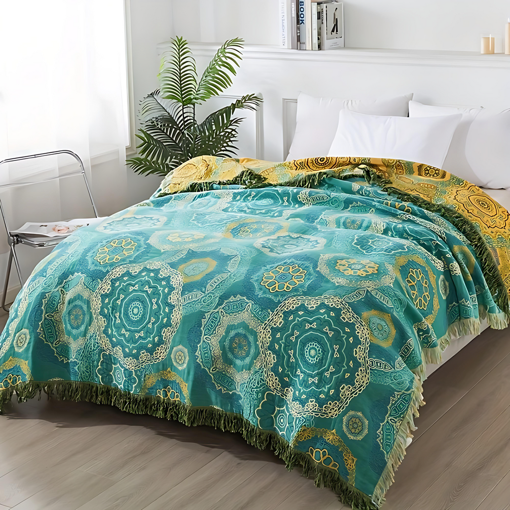 Teal Mandala Cotton Four-Season Blanket — product detail view