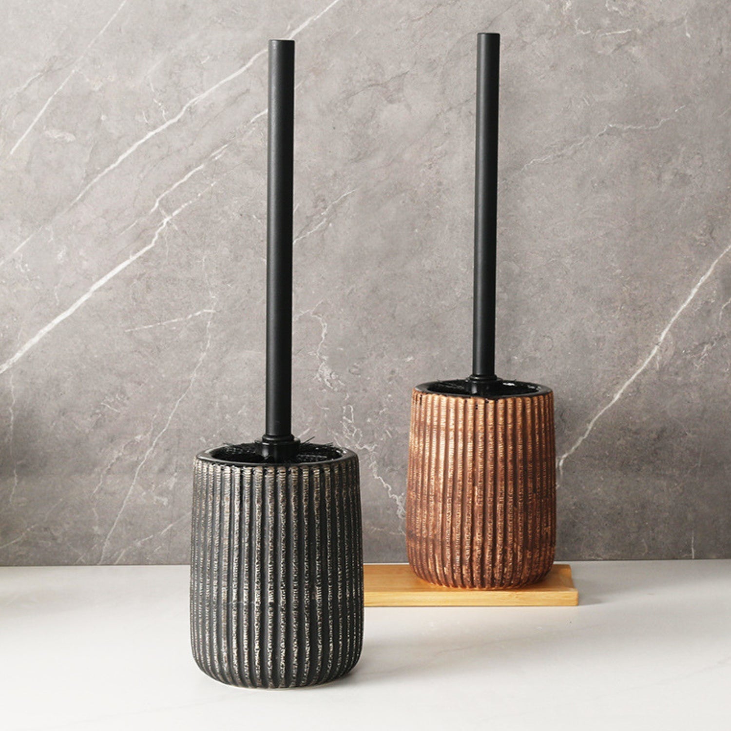 Textured Ceramic Toilet Brush Holder Set — product detail view