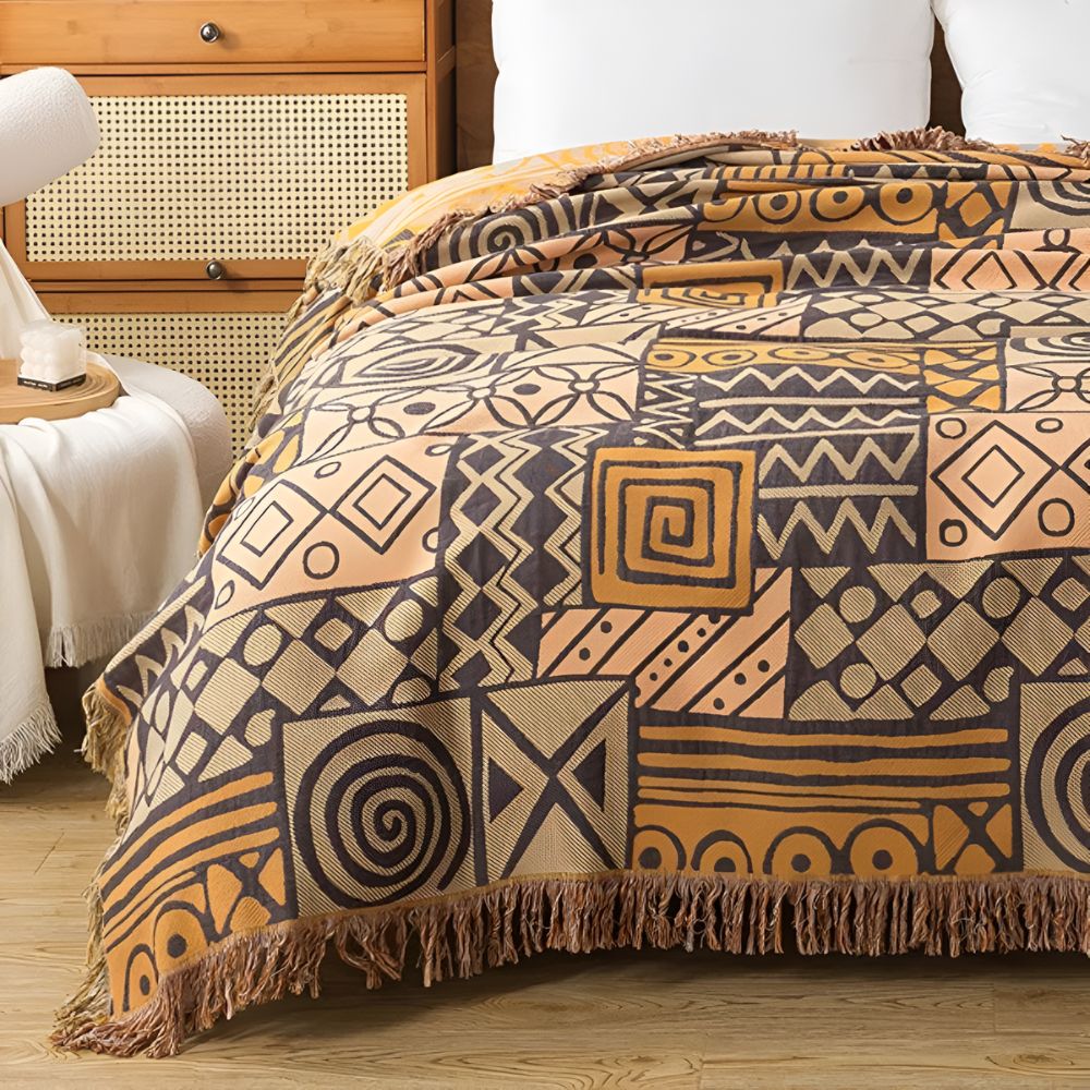 Tribal Patchwork Reversible Tassel Cotton Blanket — product detail view