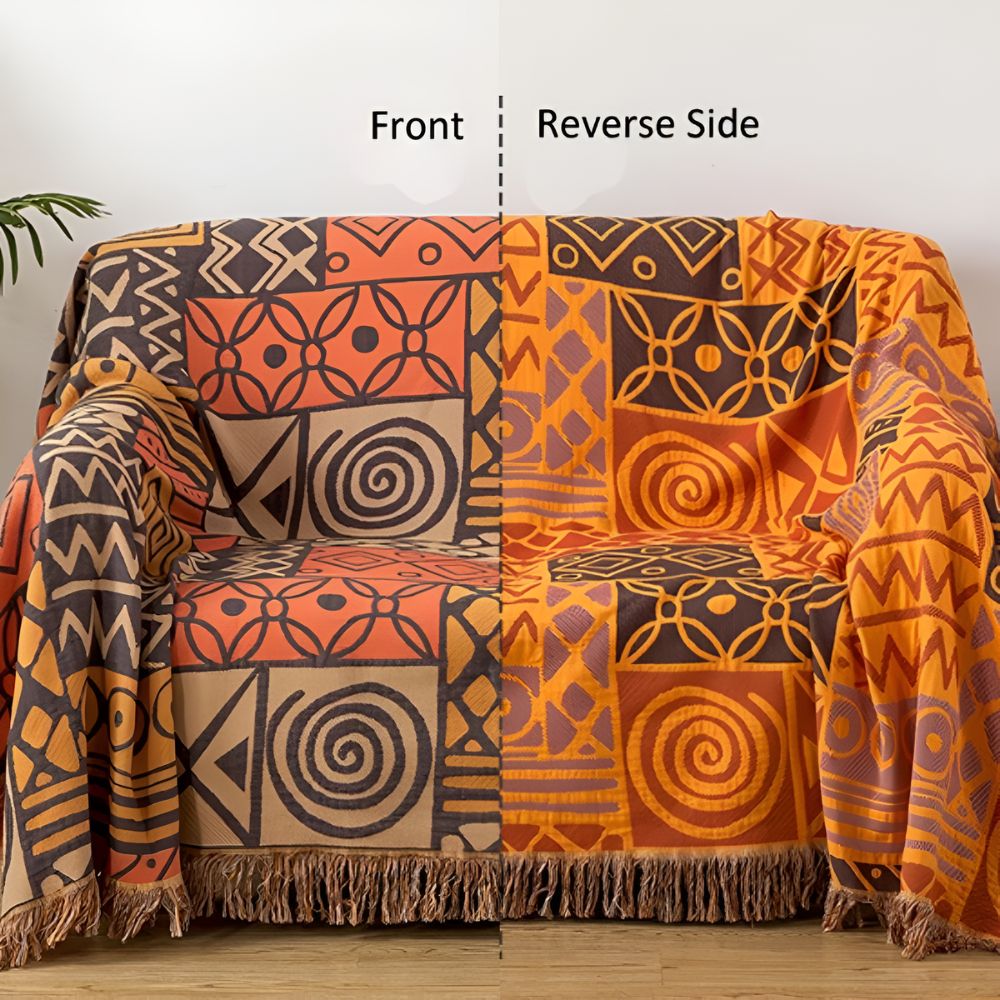 Tribal Patchwork Reversible Tassel Cotton Blanket — material texture close-up