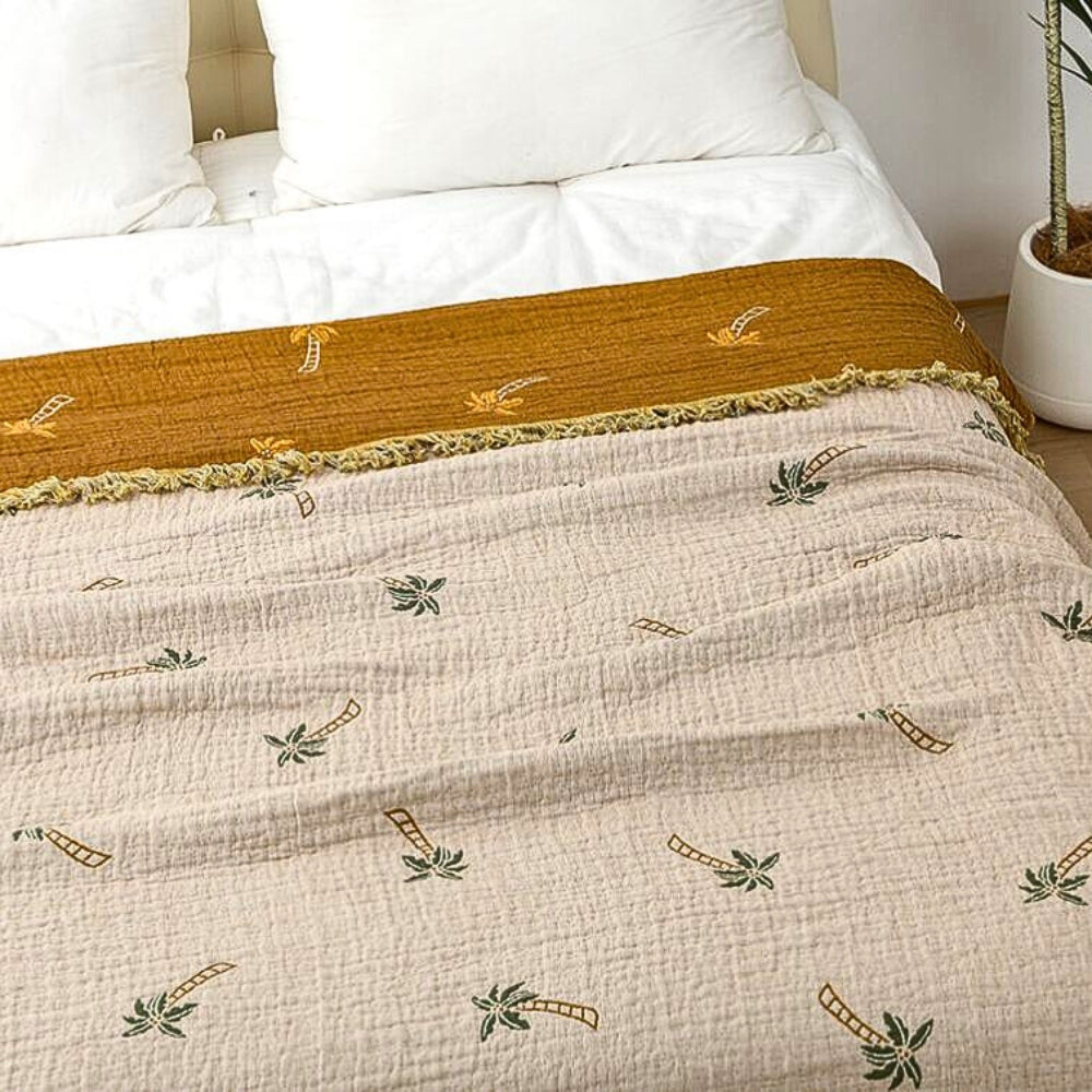 Tropical Palm Tree Reversible Cotton Blanket — product in use