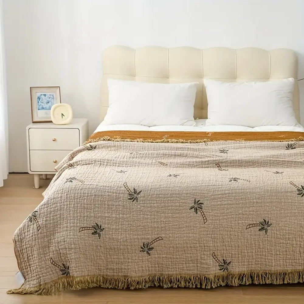Tropical Palm Tree Reversible Cotton Blanket — lifestyle shot