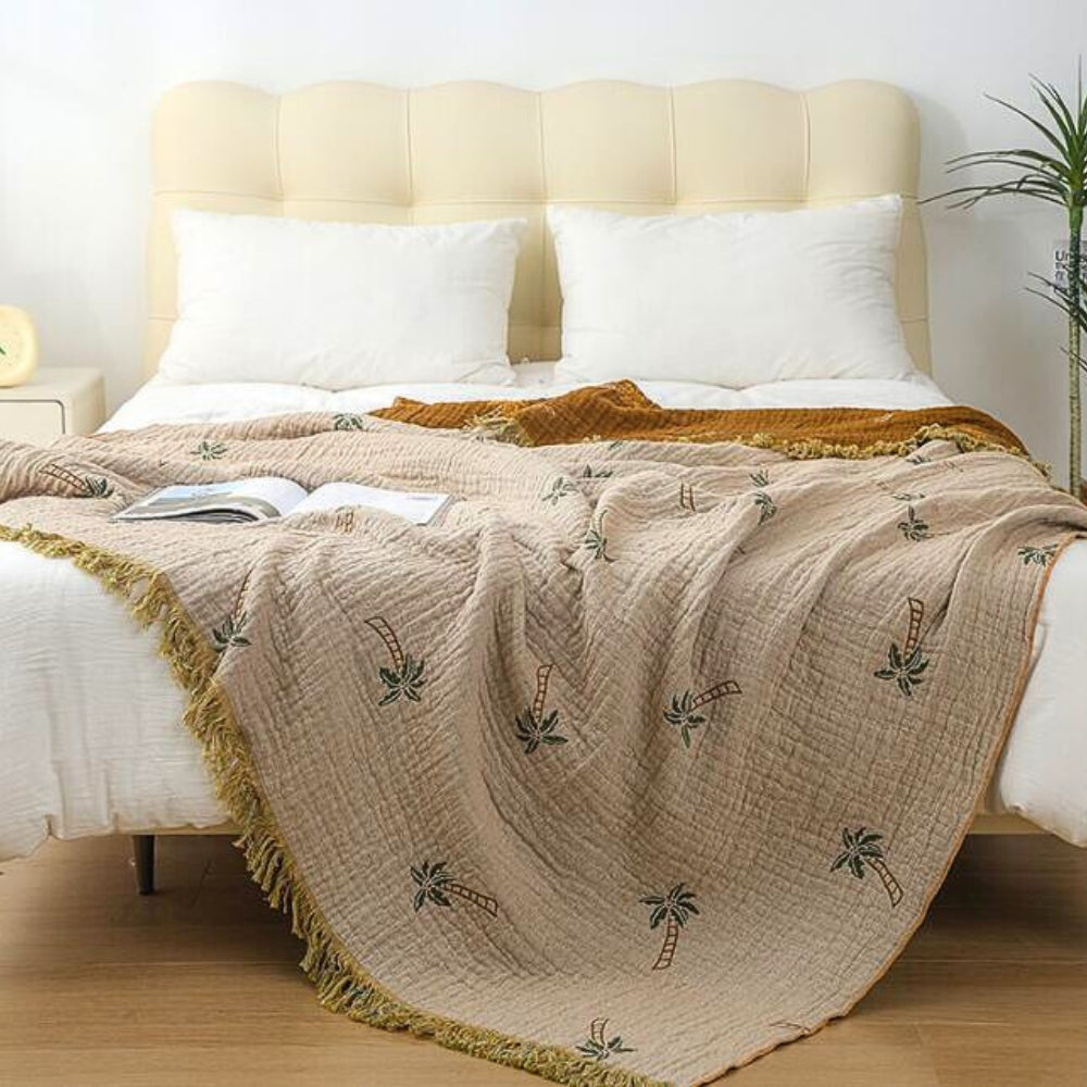 Tropical Palm Tree Reversible Cotton Blanket — product close-up
