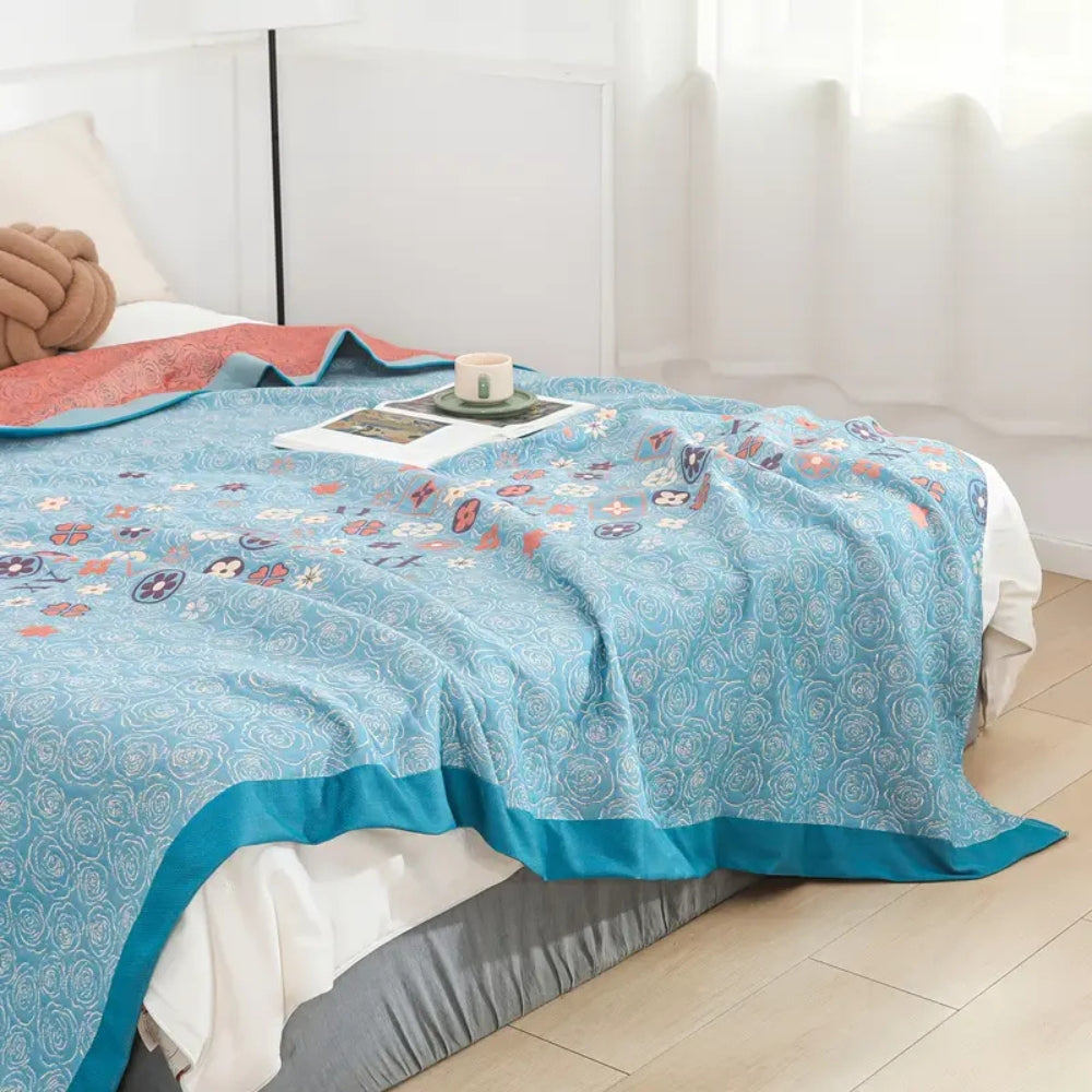Turquoise Floral Glam Gauze Blanket — product detail view
