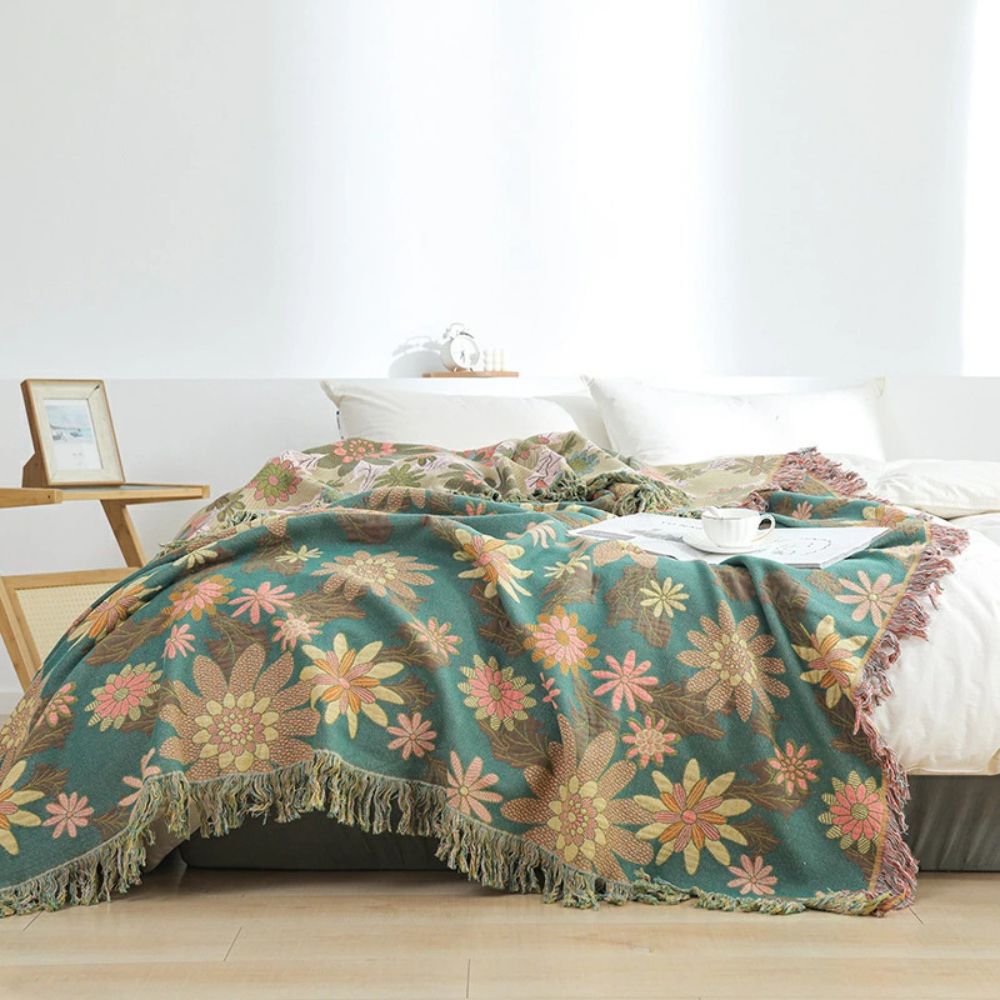 Verdant Bloom Reversible Jacquard Blanket — product in use