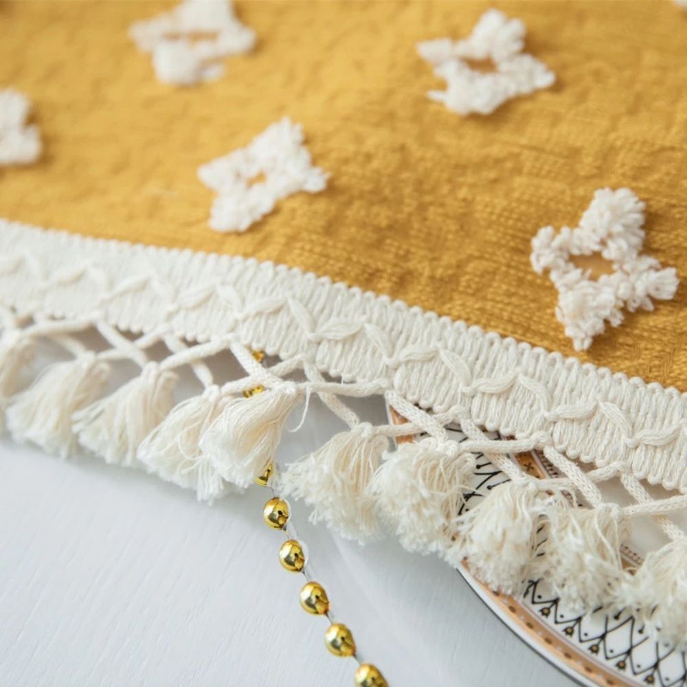Versatile Yellow Embroidered Tassel Tablecloth — product detail view