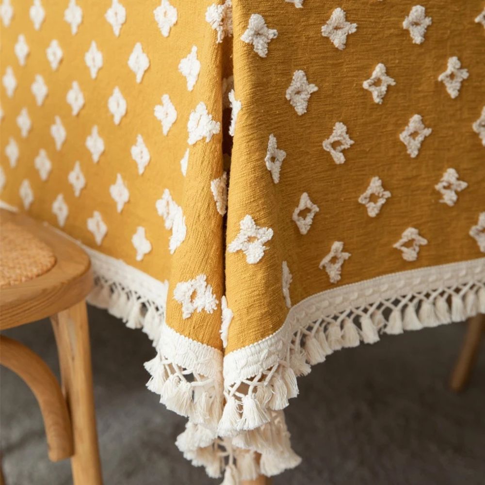 Versatile Yellow Embroidered Tassel Tablecloth — product close-up