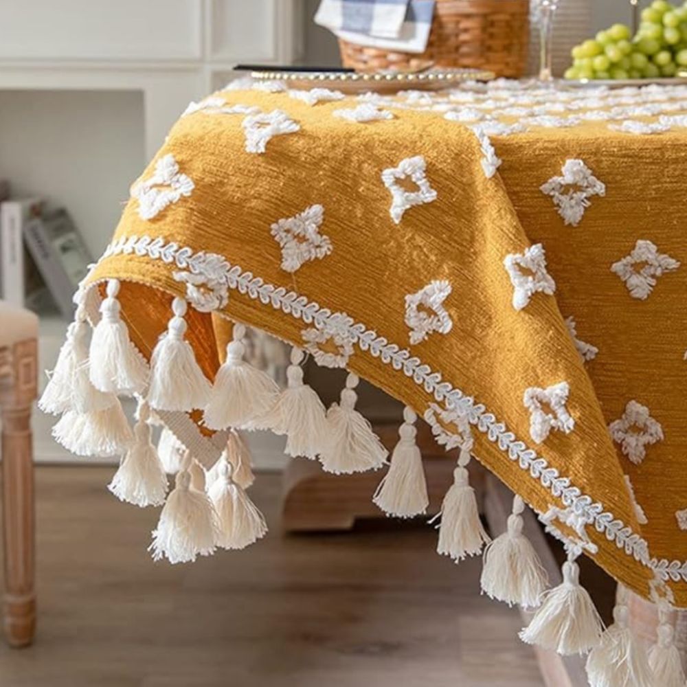 Versatile Yellow Embroidered Tassel Tablecloth — lifestyle shot