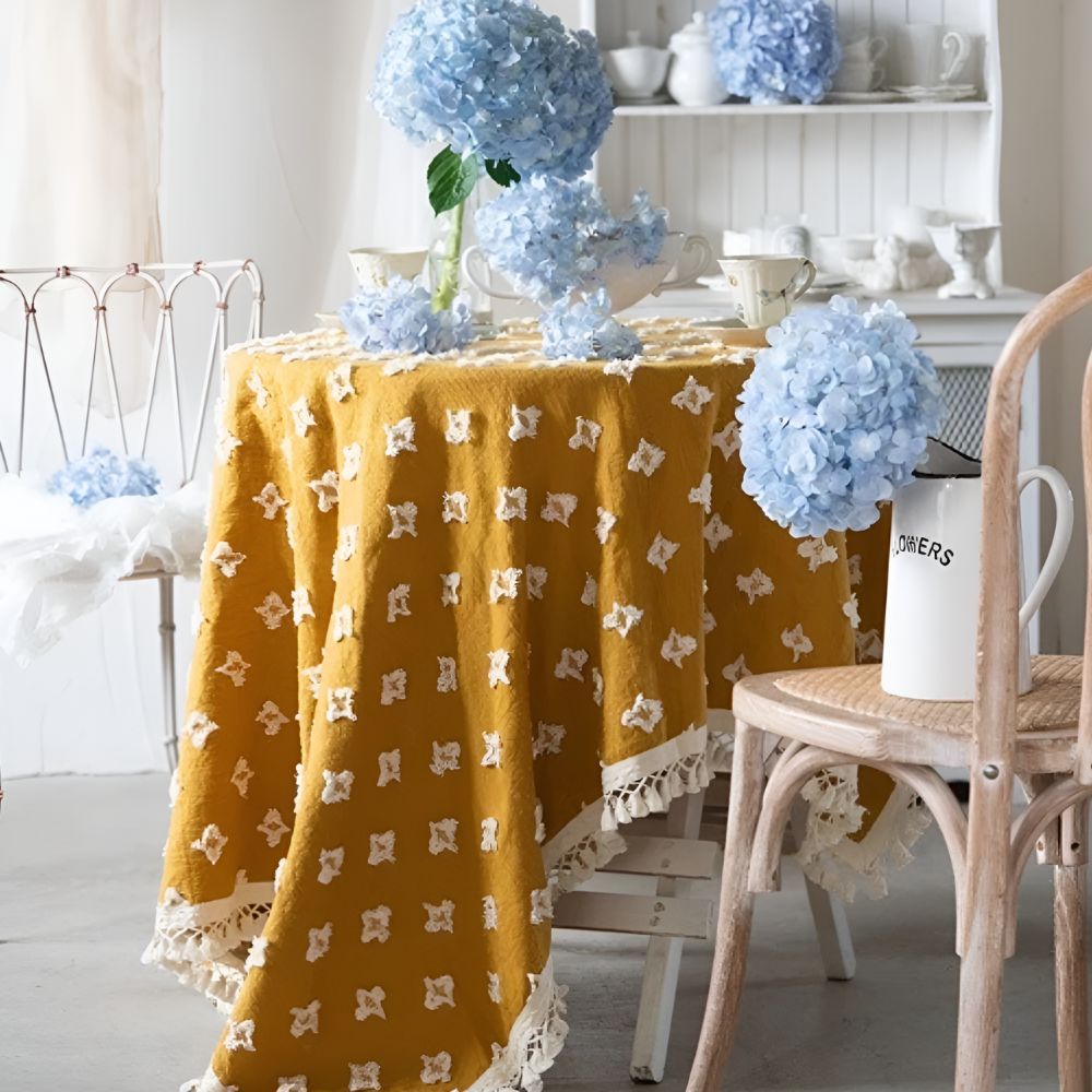 Versatile Yellow Embroidered Tassel Tablecloth — main product photo