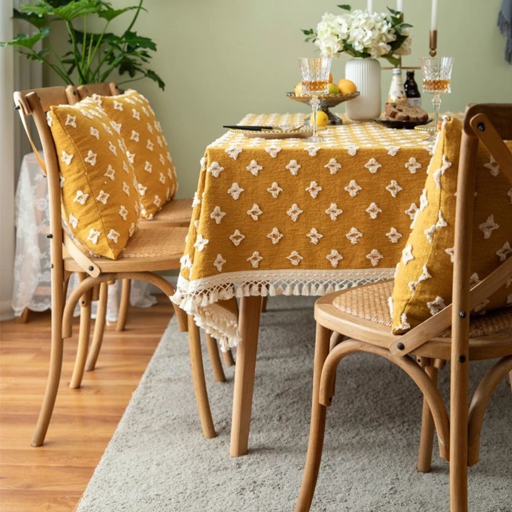 Versatile Yellow Embroidered Tassel Tablecloth — size and scale reference