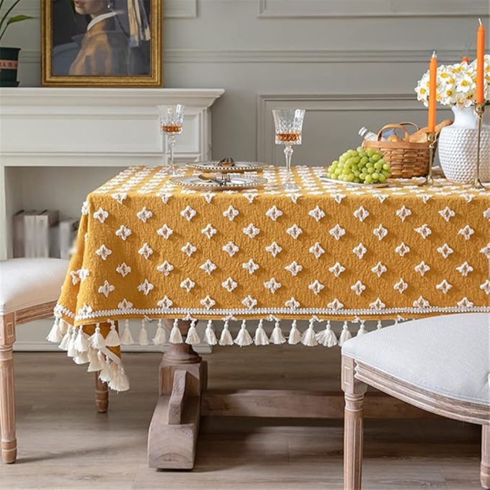 Versatile Yellow Embroidered Tassel Tablecloth — material texture close-up